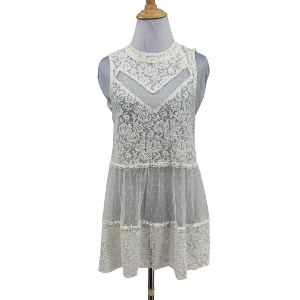 Umgee Tunic Top Womens S Small Ivory Sleeveless Lace Sheer Dot Keyhole Back Tank